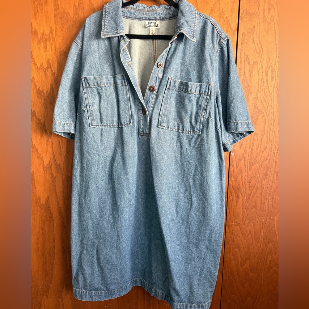 Denim Mini Dress with Chest Pockets - Light Blue